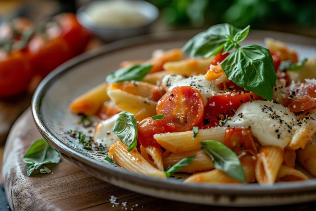 3. Sałatka z makaronem typu penne, pomidorami, mozzarellą i bazylią